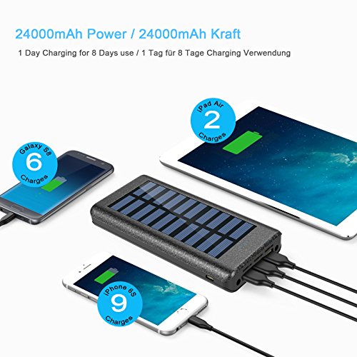 OLEBR Solar Ladegerät Powerbank 24000 mAh externes batterien Handy Solarladegeräte mit Highspeed-Eingang, 2 LED-Lampen und 3 Highspeed-Ladeanschlüsse für IOS-, Android- und andere Geräte mit microUSB-Port-Schwarz - 