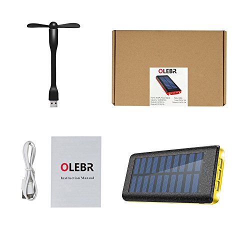OLEBR Solar Ladegerät Powerbank 24000 mAh externes batterien Handy Solarladegeräte mit Highspeed-Eingang, 2 LED-Lampen und 3 Highspeed-Ladeanschlüsse für IOS-, Android- und andere Geräte mit microUSB-Port-Gelb - 